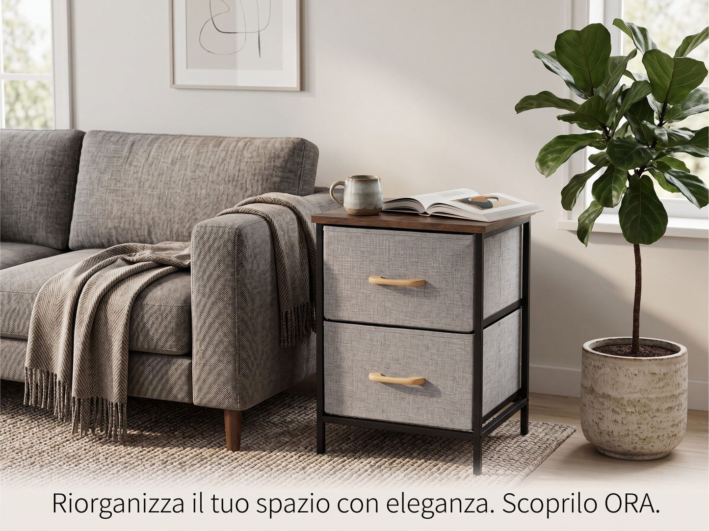 Comodino 2 Cassetti in Tessuto e Legno - Cassettiera Da Notte Salvaspazio, 40x30x53,5 cm