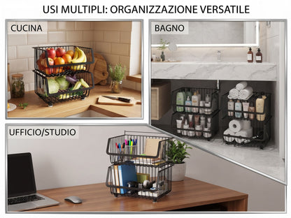 Cestino Porta Frutta e Verdura a 2 Piani - Organizzatore Impilabile in Metallo Nero