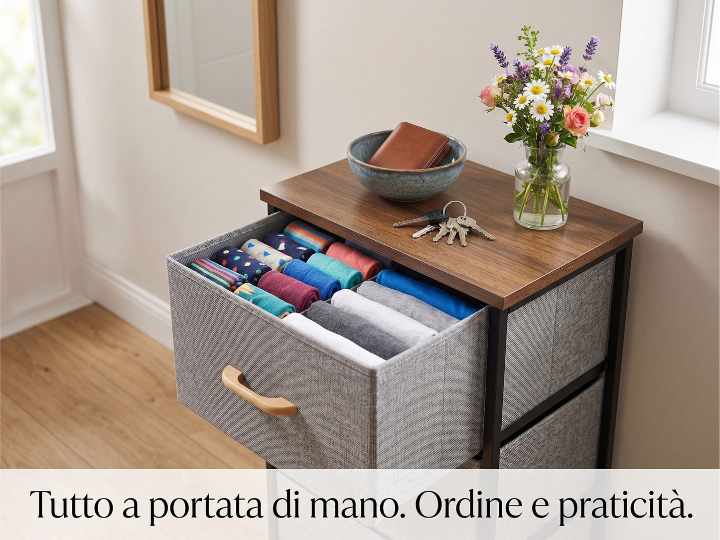 Comodino 2 Cassetti in Tessuto e Legno - Cassettiera Da Notte Salvaspazio, 40x30x53,5 cm