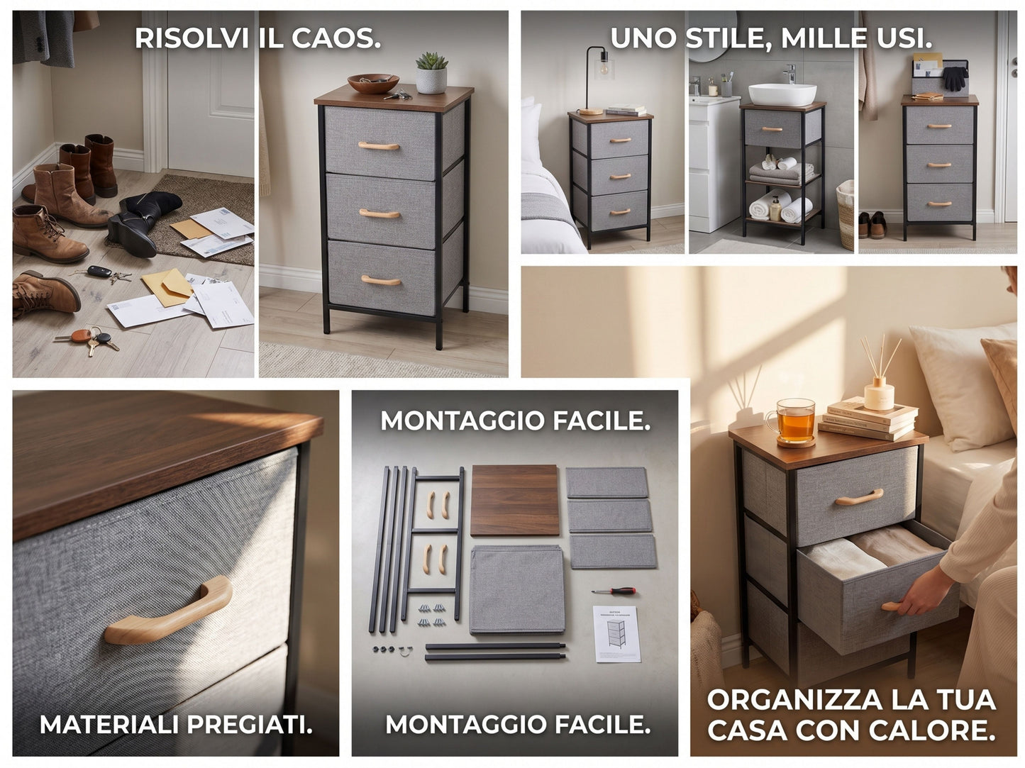 Comodino 3 Cassetti in Tessuto e Legno - Cassettiera Alta Salvaspazio, 40x30x74 cm