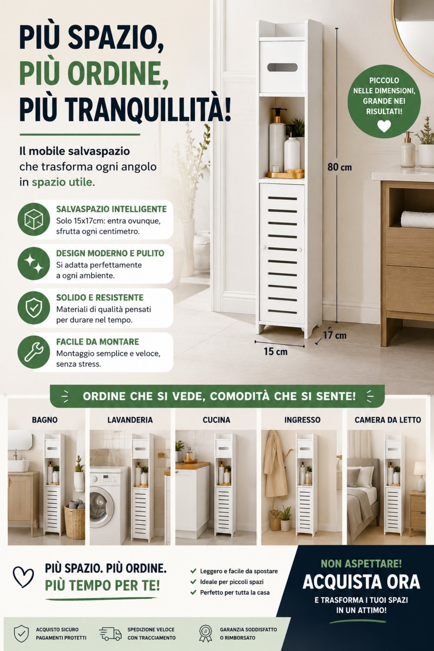 Mobiletto Bagno Salvaspazio 15x17x80cm, Colonna Sottile, Bianco