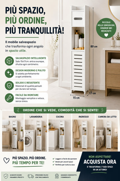 Mobiletto Bagno Salvaspazio 15x17x80cm, Colonna Sottile, Bianco