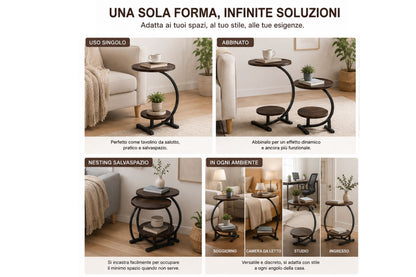 Tavolino Side Table a 2 Ripiani Rotondi - Tavolo d'Appoggio Design Curvo per Divano, 40x30x65 cm
