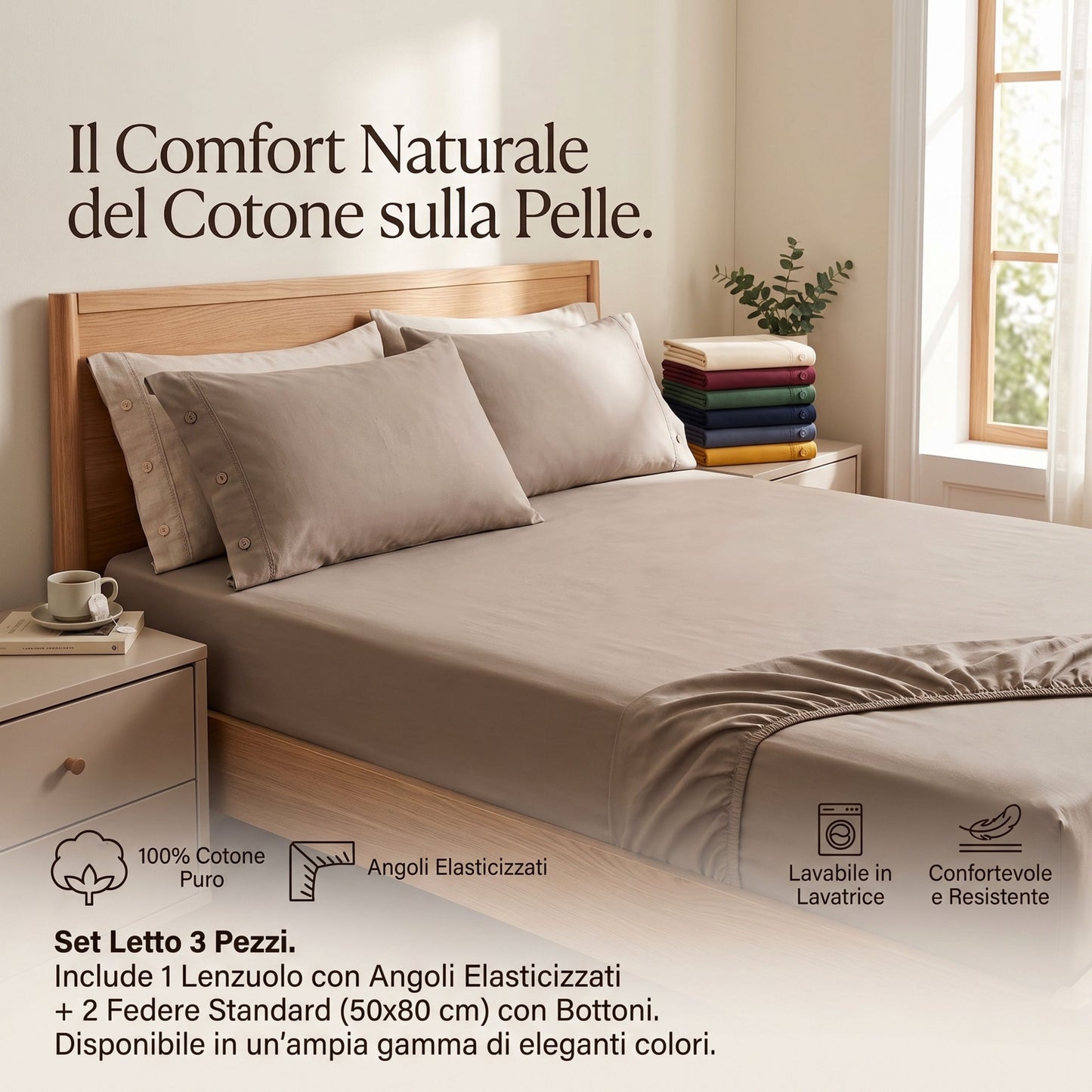 Set Letto 3 Pezzi in 100% Puro Cotone: Lenzuolo con Angoli + 2 Federe