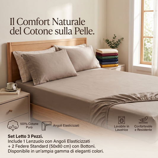 Set Letto 3 Pezzi in 100% Puro Cotone: Lenzuolo con Angoli + 2 Federe