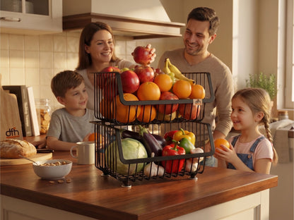 Cestino Porta Frutta e Verdura a 2 Piani - Organizzatore Impilabile in Metallo Nero