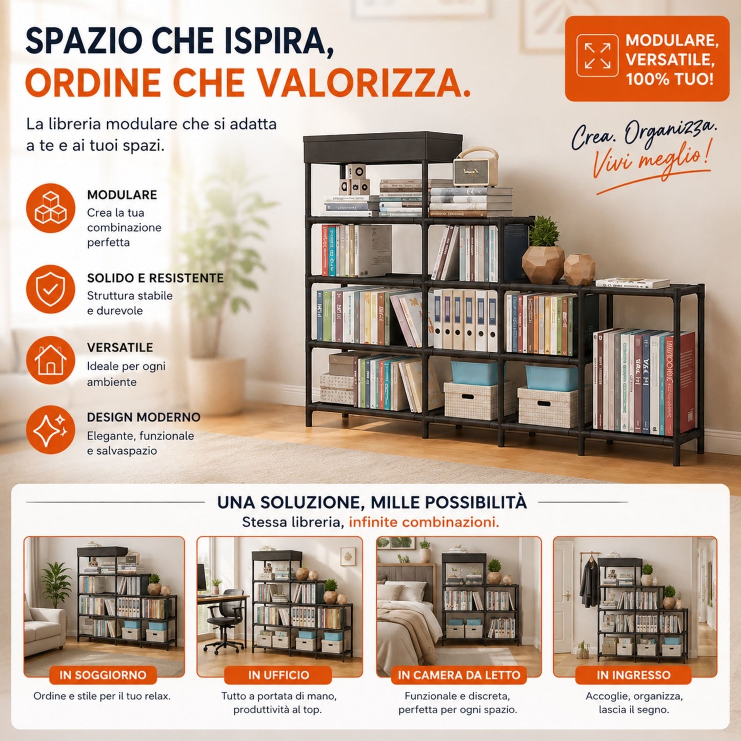 Libreria a Gradini Design Moderno - Scaffale Multiuso Salvaspazio in Metallo e Legno