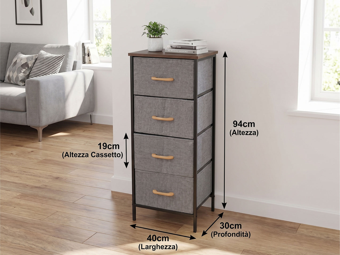 Cassettiera Alta 4 Cassetti in Tessuto e Legno - Mobile Organiser Salvaspazio, 40x30x94 cm