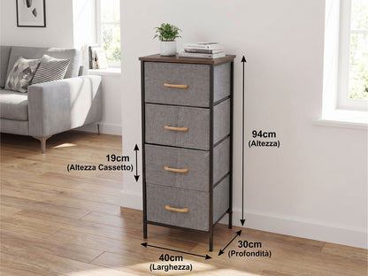 Cassettiera Alta 4 Cassetti in Tessuto e Legno - Mobile Organiser Salvaspazio, 40x30x94 cm