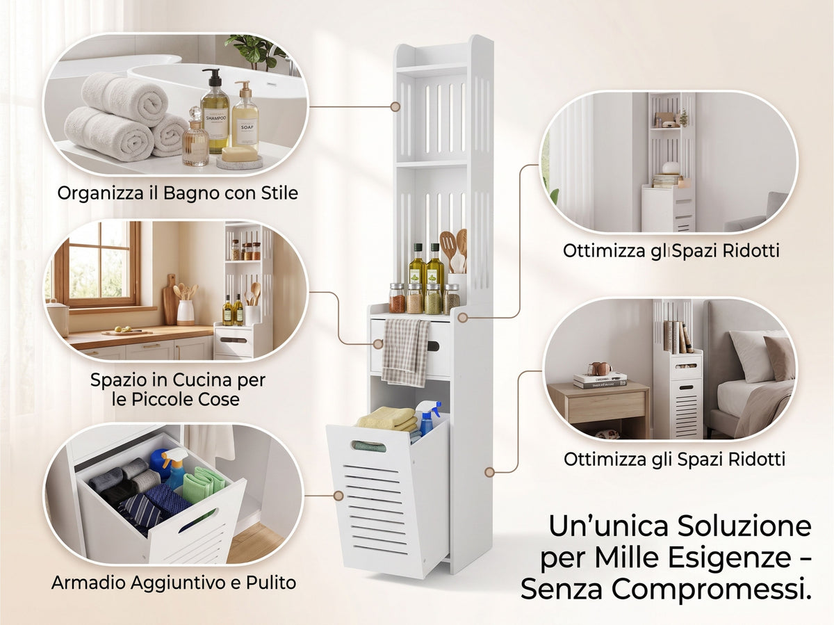 Colonna Salvaspazio , Mobiletto Alto e Stretto (20x120x20 cm), Organizzatore Moderno per Bagno e Casa
