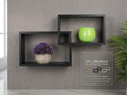 Set 2 Mensole da Muro a Cubo Incrociato in Legno di Pino - Design Moderno