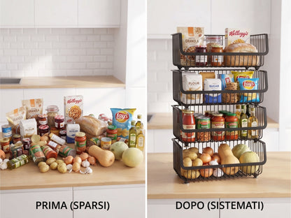 Cestino Porta Frutta e Verdura a 2 Piani - Organizzatore Impilabile in Metallo Nero