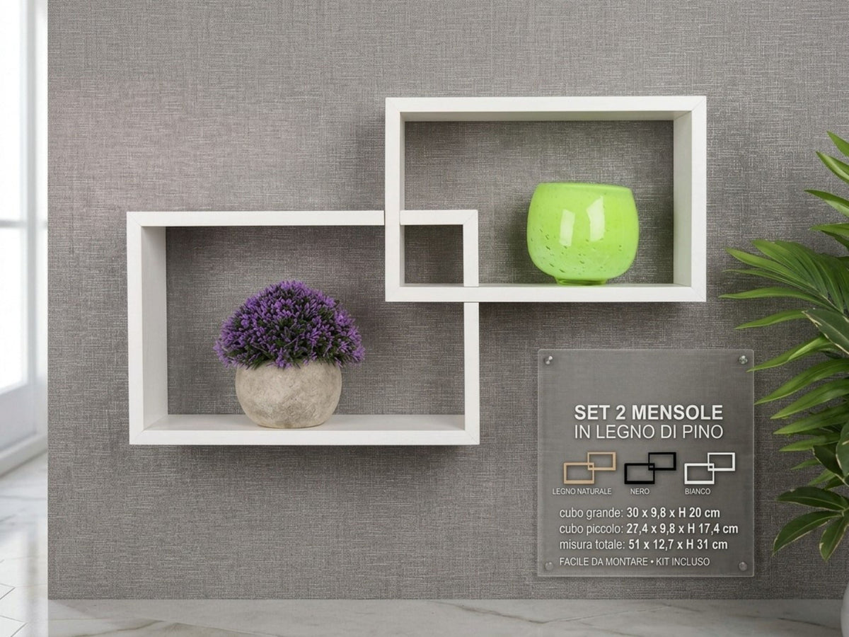 Set 2 Mensole da Muro a Cubo Incrociato in Legno di Pino - Design Moderno