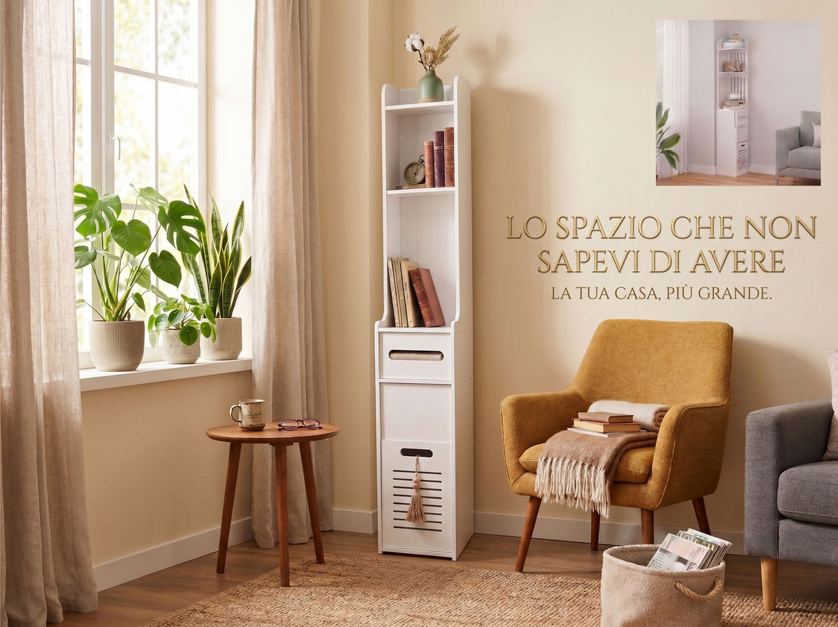 Colonna Salvaspazio , Mobiletto Alto e Stretto (20x120x20 cm), Organizzatore Moderno per Bagno e Casa