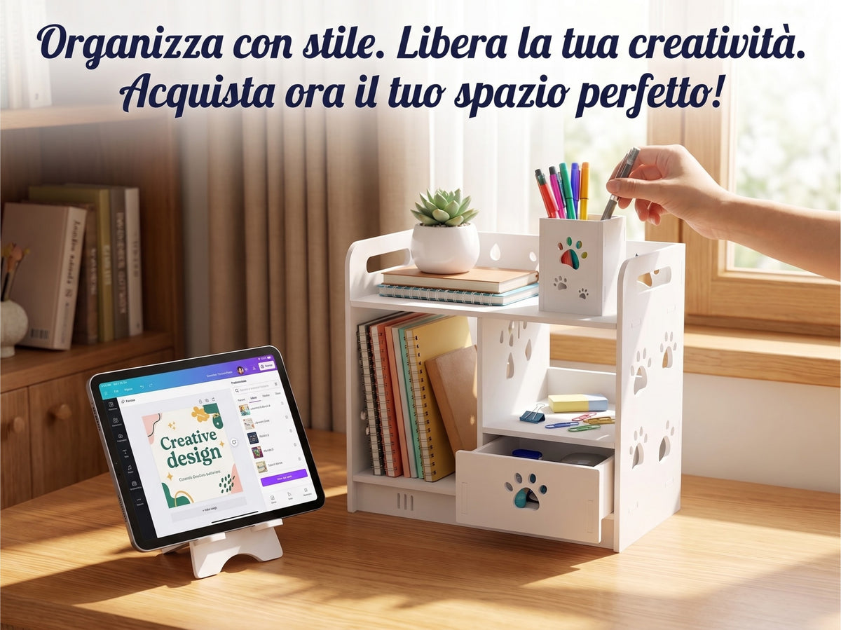 Organizer da Scrivania con Cassetto e 2 Accessori Modulari - Design "Zampe", Bianco