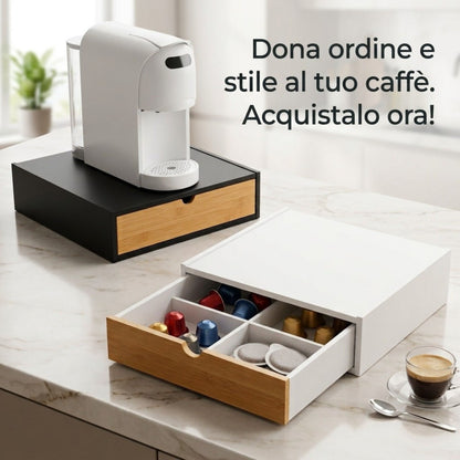 Cassetto Porta Capsule Base per Macchina Caffè con Frontale in Bambù - 4 Scomparti (Bianco/Nero)
