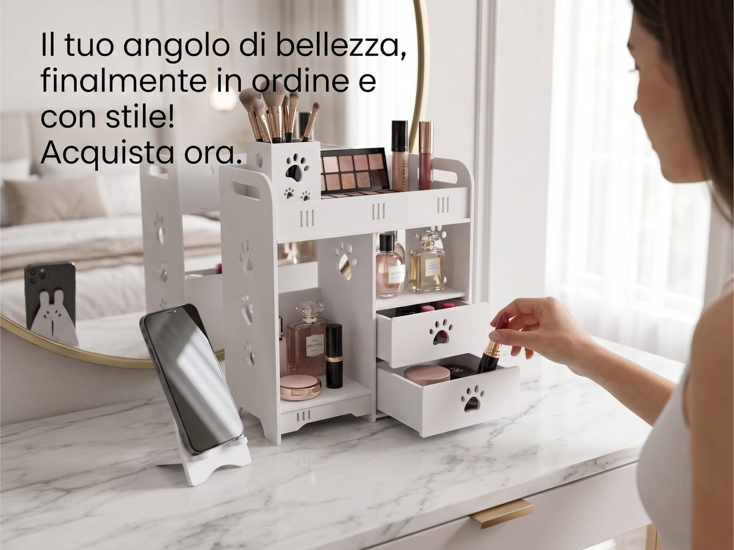 Organizer da Scrivania Grande con 2 Cassetti e Accessori - Design "Zampe", Bianco | 35,5x40x18 cm
