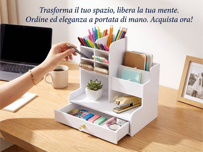Organizer Multiuso da Scrivania e Porta Trucchi Bianco con Cassetto | 24,5x25,5x15 cm