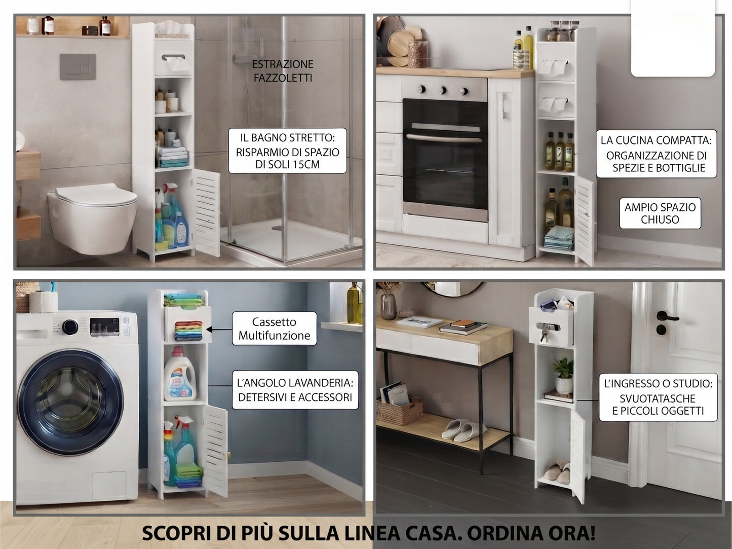 Mobiletto Bagno Salvaspazio 15x17x80cm, Colonna Sottile, Bianco