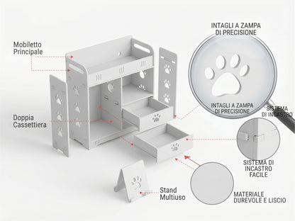 Organizer da Scrivania Grande con 2 Cassetti e Accessori - Design "Zampe", Bianco | 35,5x40x18 cm