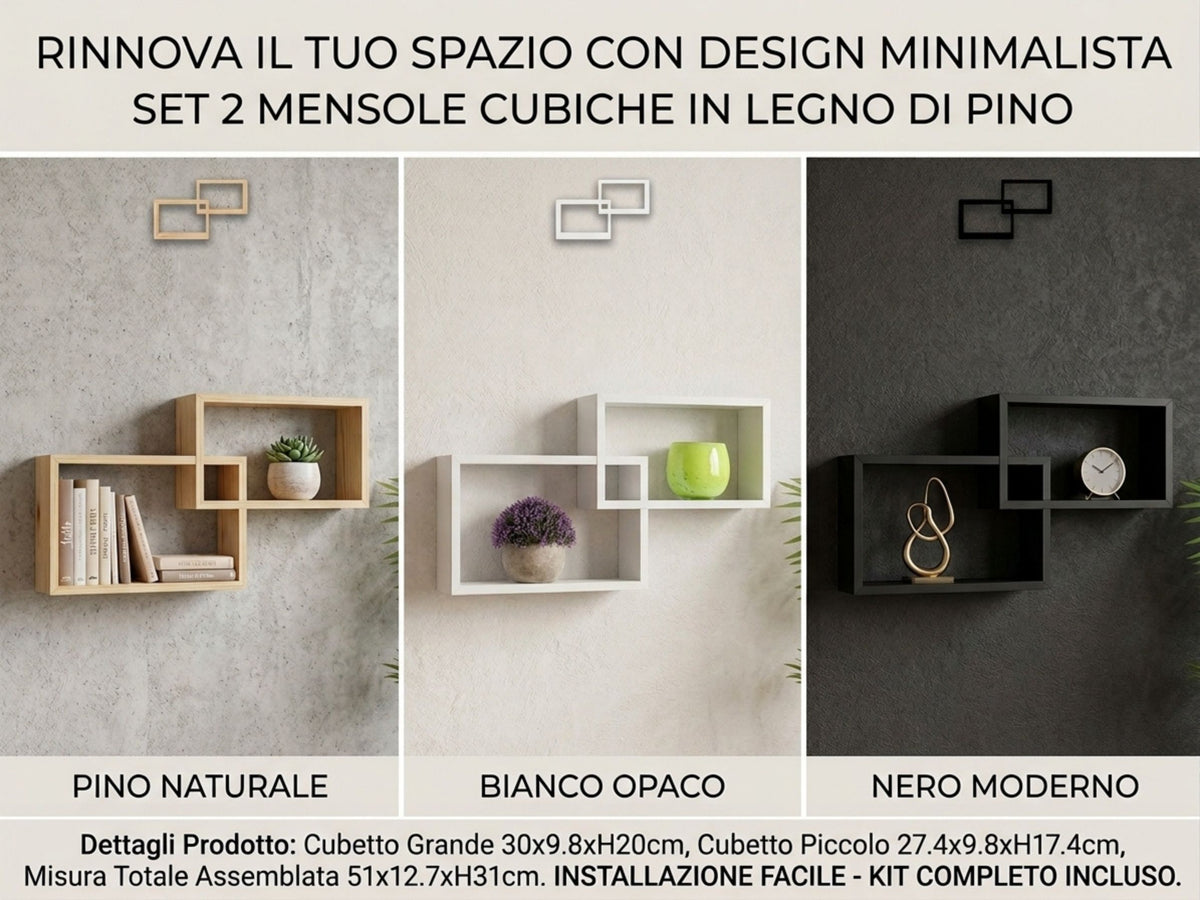 Set 2 Mensole da Muro a Cubo Incrociato in Legno di Pino - Design Moderno