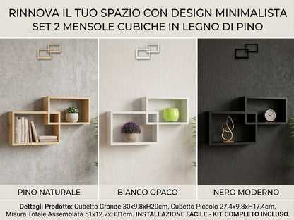 Set 2 Mensole da Muro a Cubo Incrociato in Legno di Pino - Design Moderno