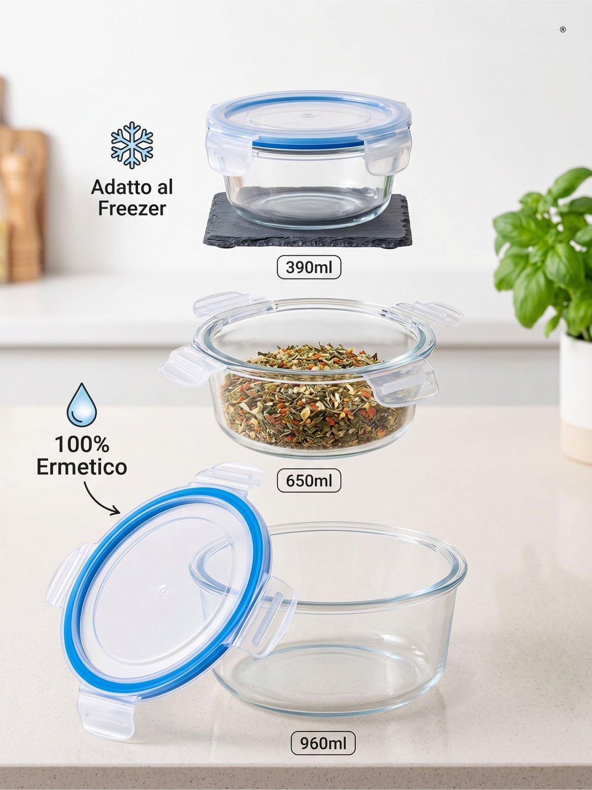 Set 3 Contenitori Ermetici Rotondi in Vetro (390ml, 650ml, 960ml)