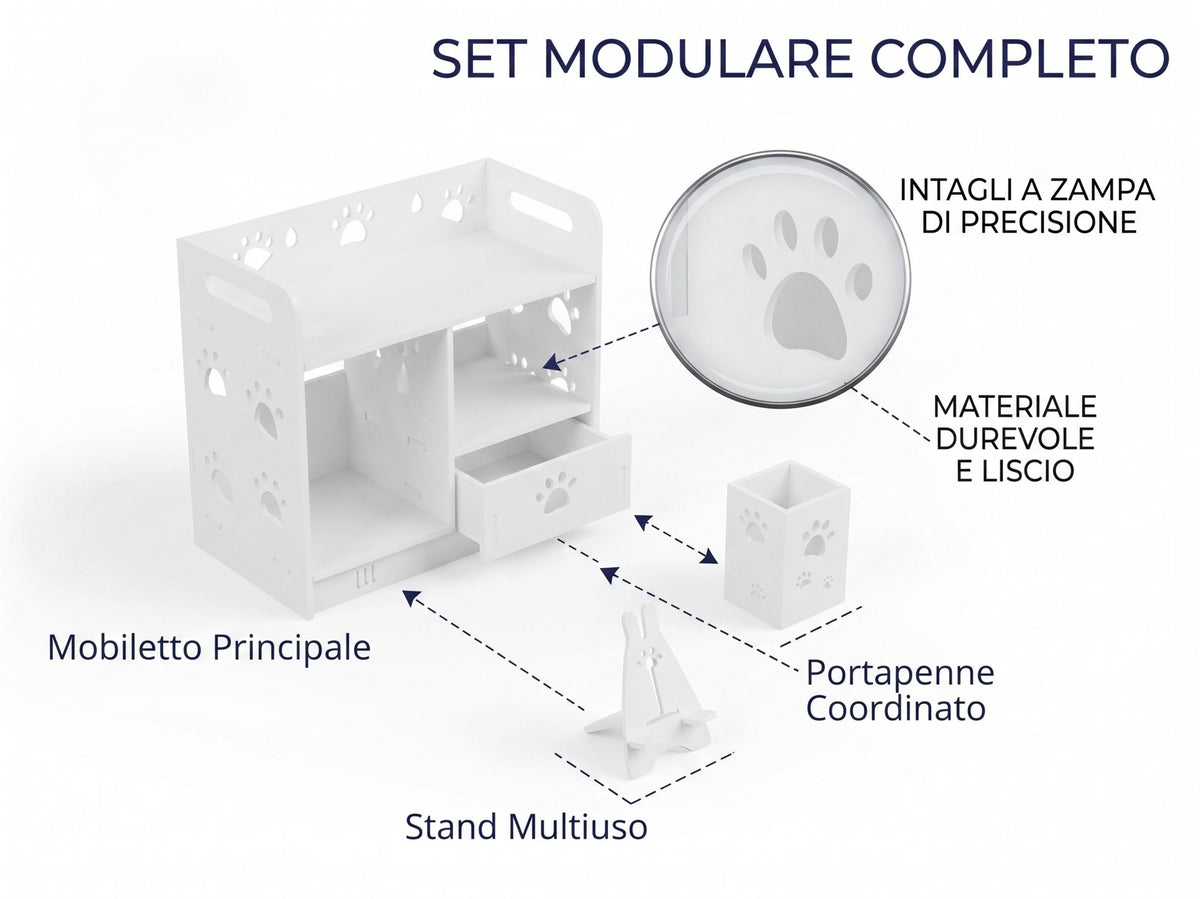 Organizer da Scrivania con Cassetto e 2 Accessori Modulari - Design "Zampe", Bianco