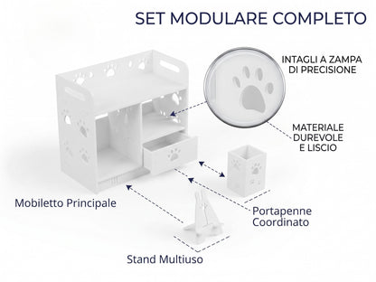 Organizer da Scrivania con Cassetto e 2 Accessori Modulari - Design "Zampe", Bianco