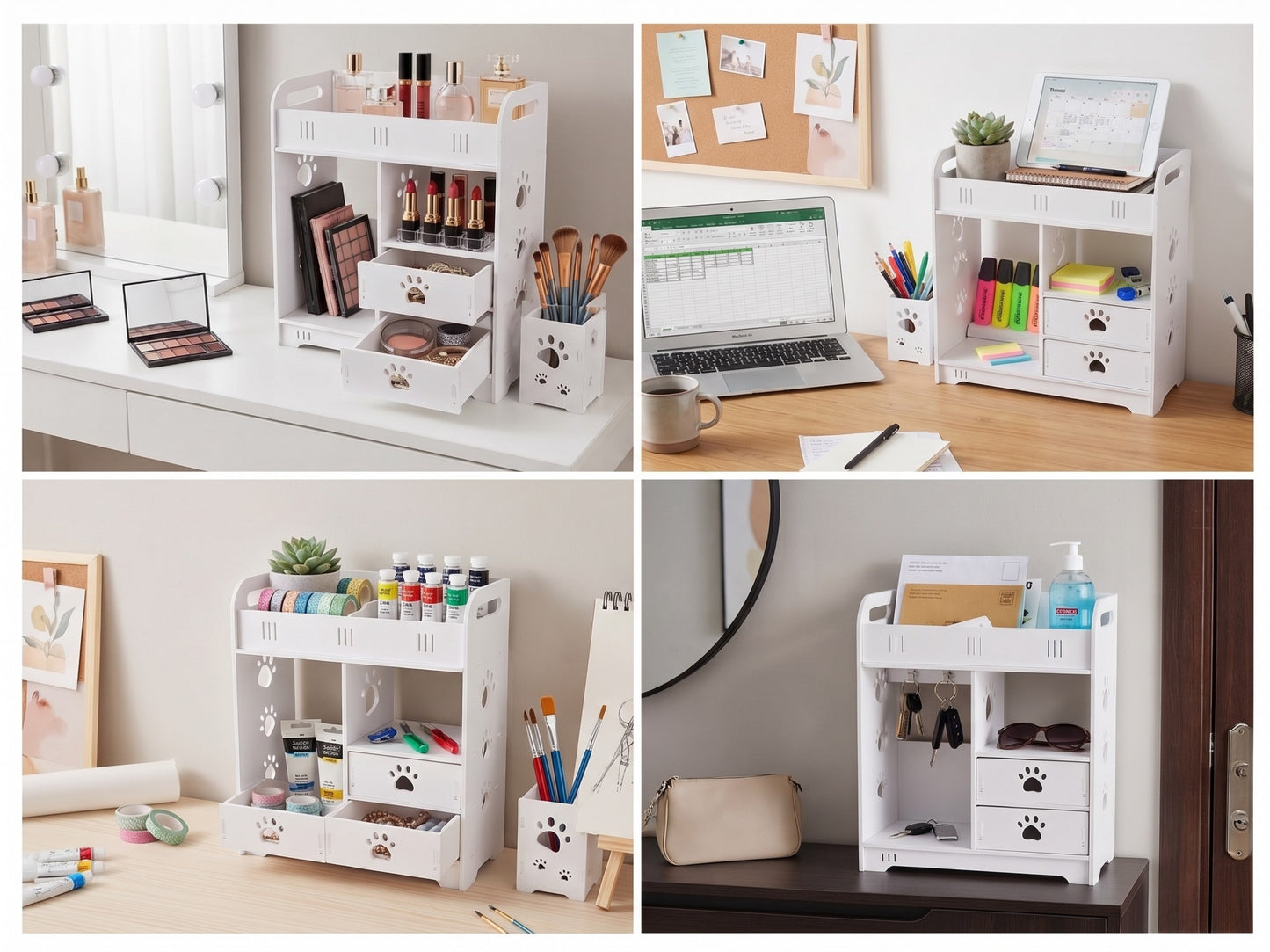 Organizer da Scrivania Grande con 2 Cassetti e Accessori - Design "Zampe", Bianco | 35,5x40x18 cm