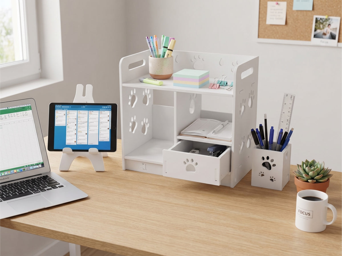 Organizer da Scrivania con Cassetto e 2 Accessori Modulari - Design "Zampe", Bianco