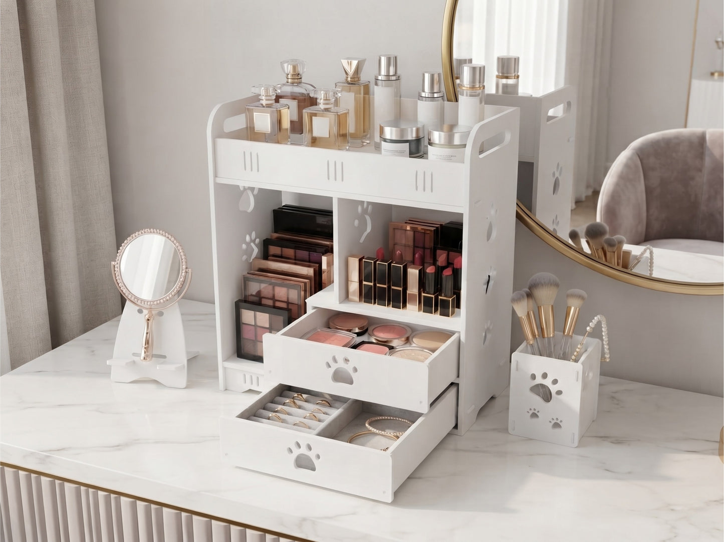 Organizer da Scrivania Grande con 2 Cassetti e Accessori - Design "Zampe", Bianco | 35,5x40x18 cm