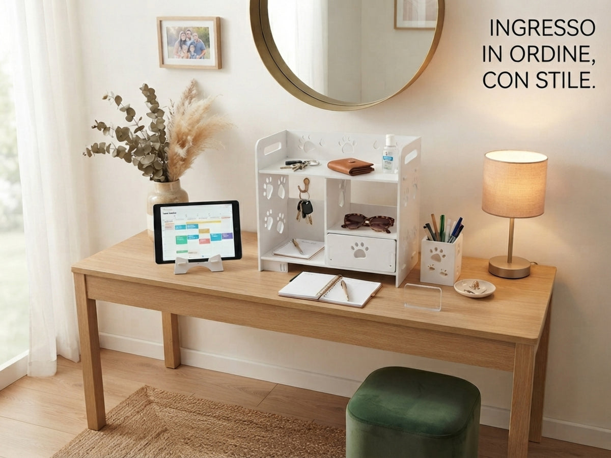 Organizer da Scrivania con Cassetto e 2 Accessori Modulari - Design "Zampe", Bianco