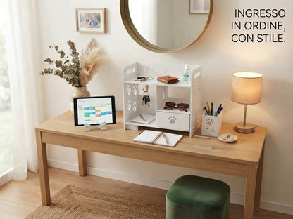 Organizer da Scrivania con Cassetto e 2 Accessori Modulari - Design "Zampe", Bianco