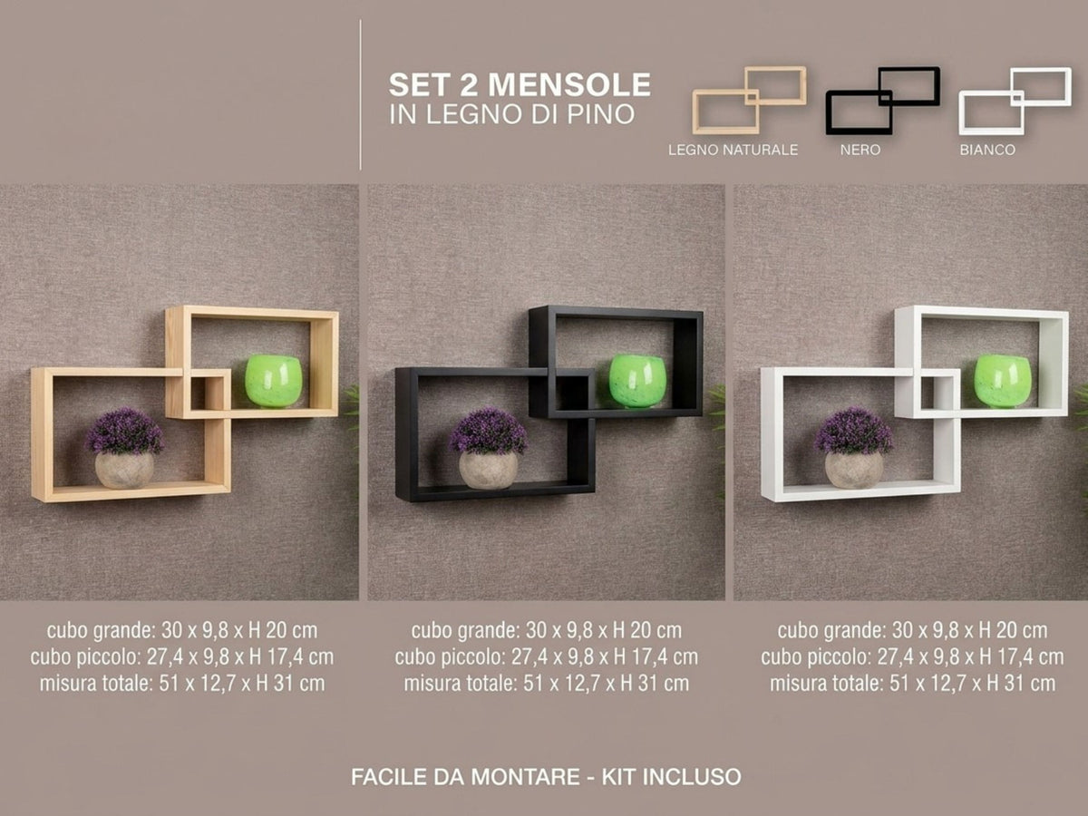 Set 2 Mensole da Muro a Cubo Incrociato in Legno di Pino - Design Moderno