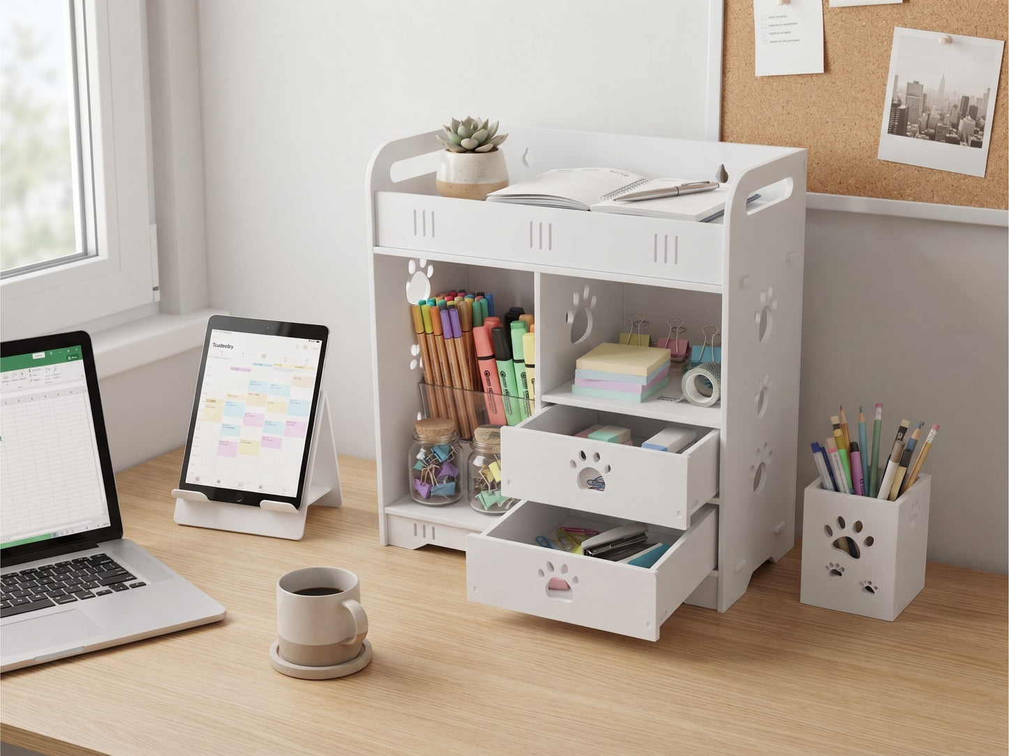 Organizer da Scrivania Grande con 2 Cassetti e Accessori - Design "Zampe", Bianco | 35,5x40x18 cm