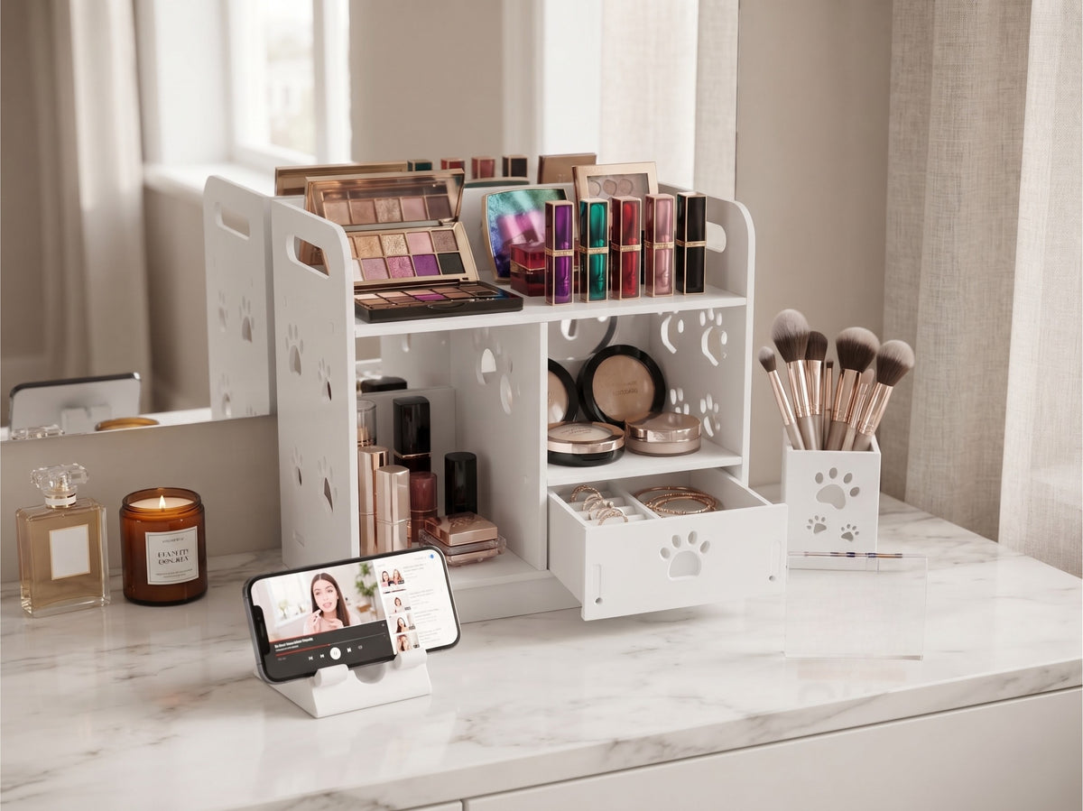 Organizer da Scrivania con Cassetto e 2 Accessori Modulari - Design "Zampe", Bianco