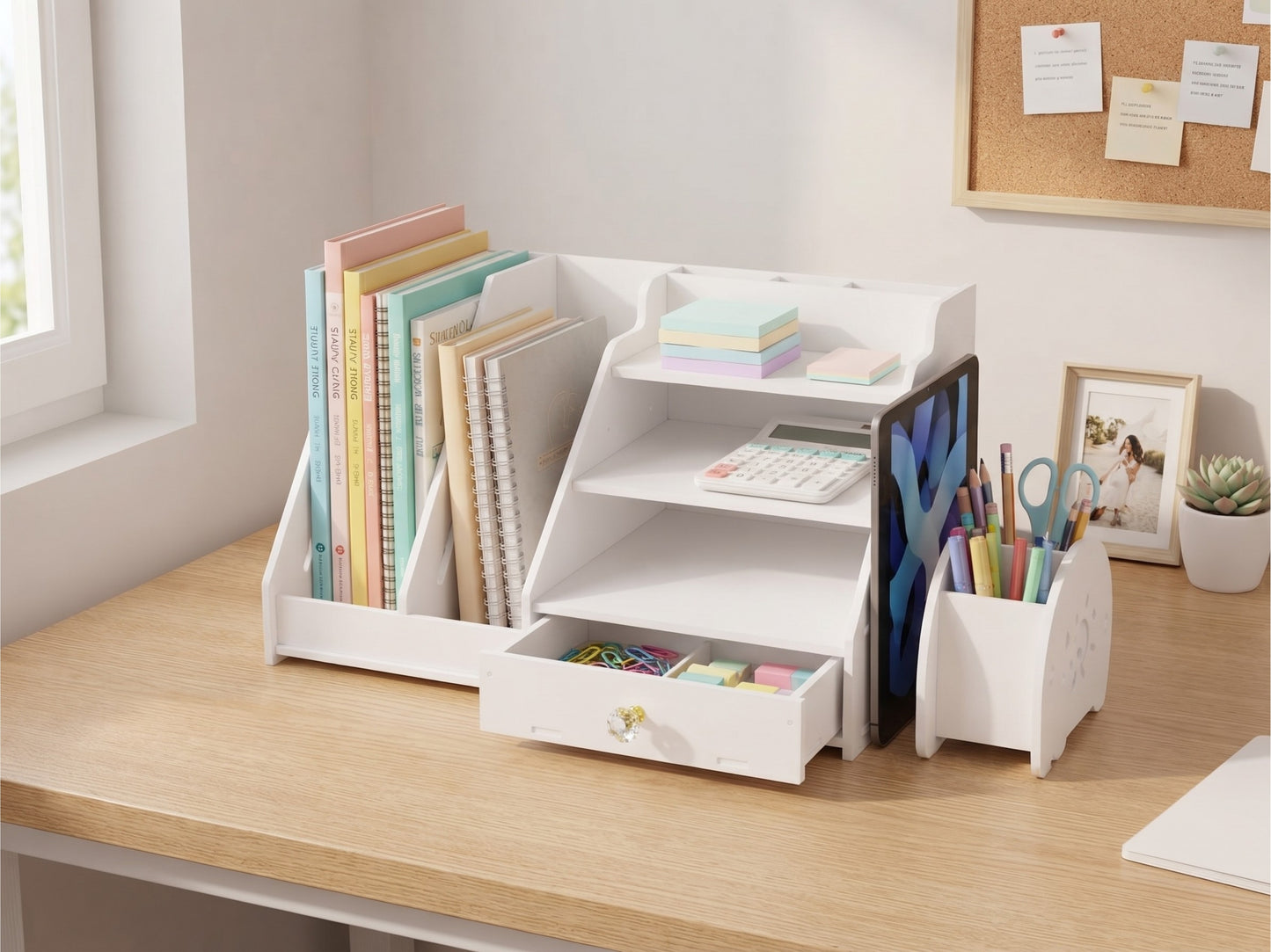Organizer da Scrivania XL con Cassetto e Portadocumenti - Design Moderno, Bianco | 45x24x28 cm