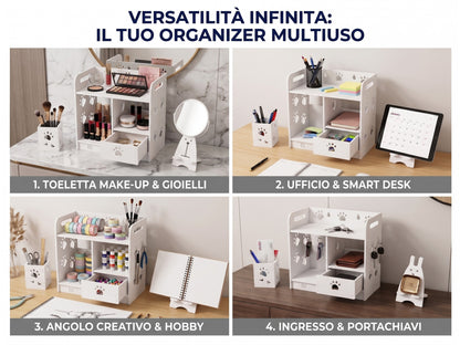 Organizer da Scrivania con Cassetto e 2 Accessori Modulari - Design "Zampe", Bianco