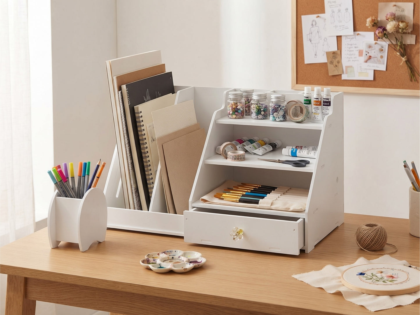 Organizer da Scrivania XL con Cassetto e Portadocumenti - Design Moderno, Bianco | 45x24x28 cm