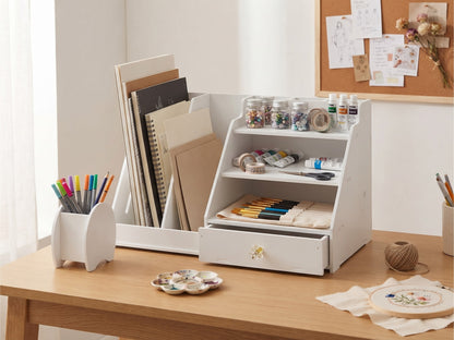 Organizer da Scrivania XL con Cassetto e Portadocumenti - Design Moderno, Bianco | 45x24x28 cm