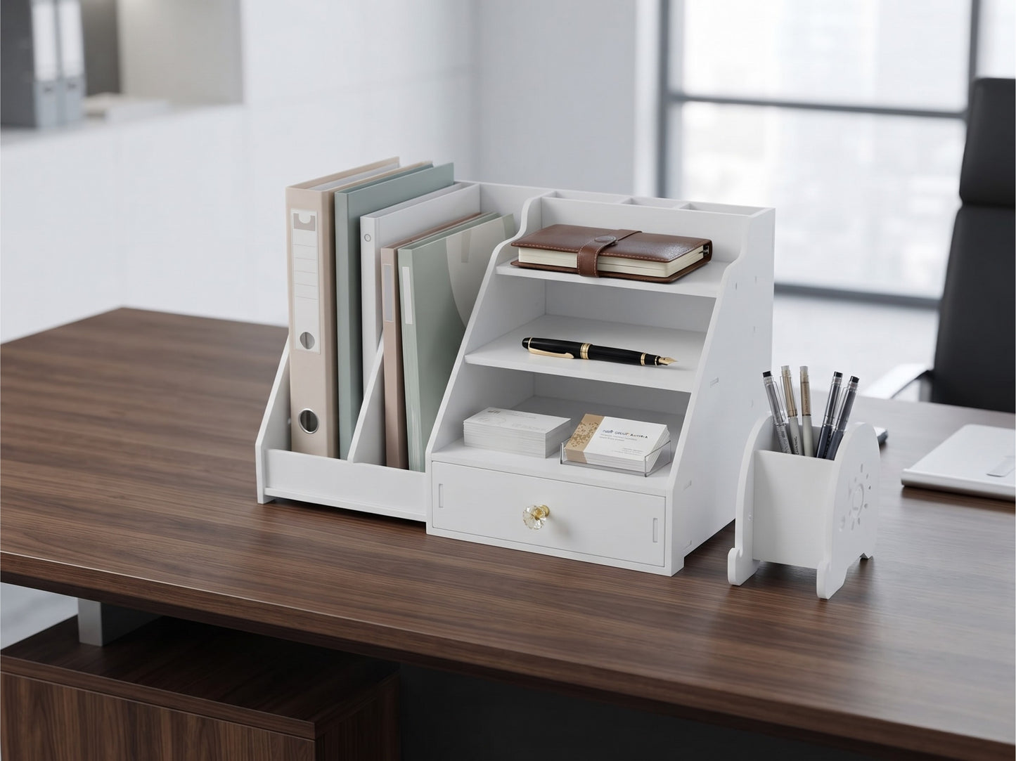 Organizer da Scrivania XL con Cassetto e Portadocumenti - Design Moderno, Bianco | 45x24x28 cm