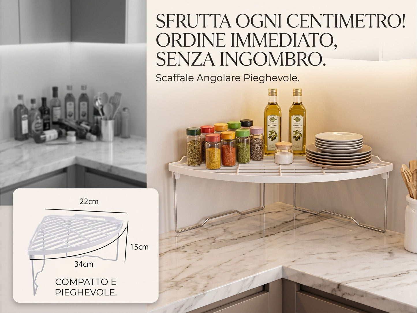 Ripiano Angolare Salvaspazio per Cucina e Dispensa, Bianco - 34x22x15 cm