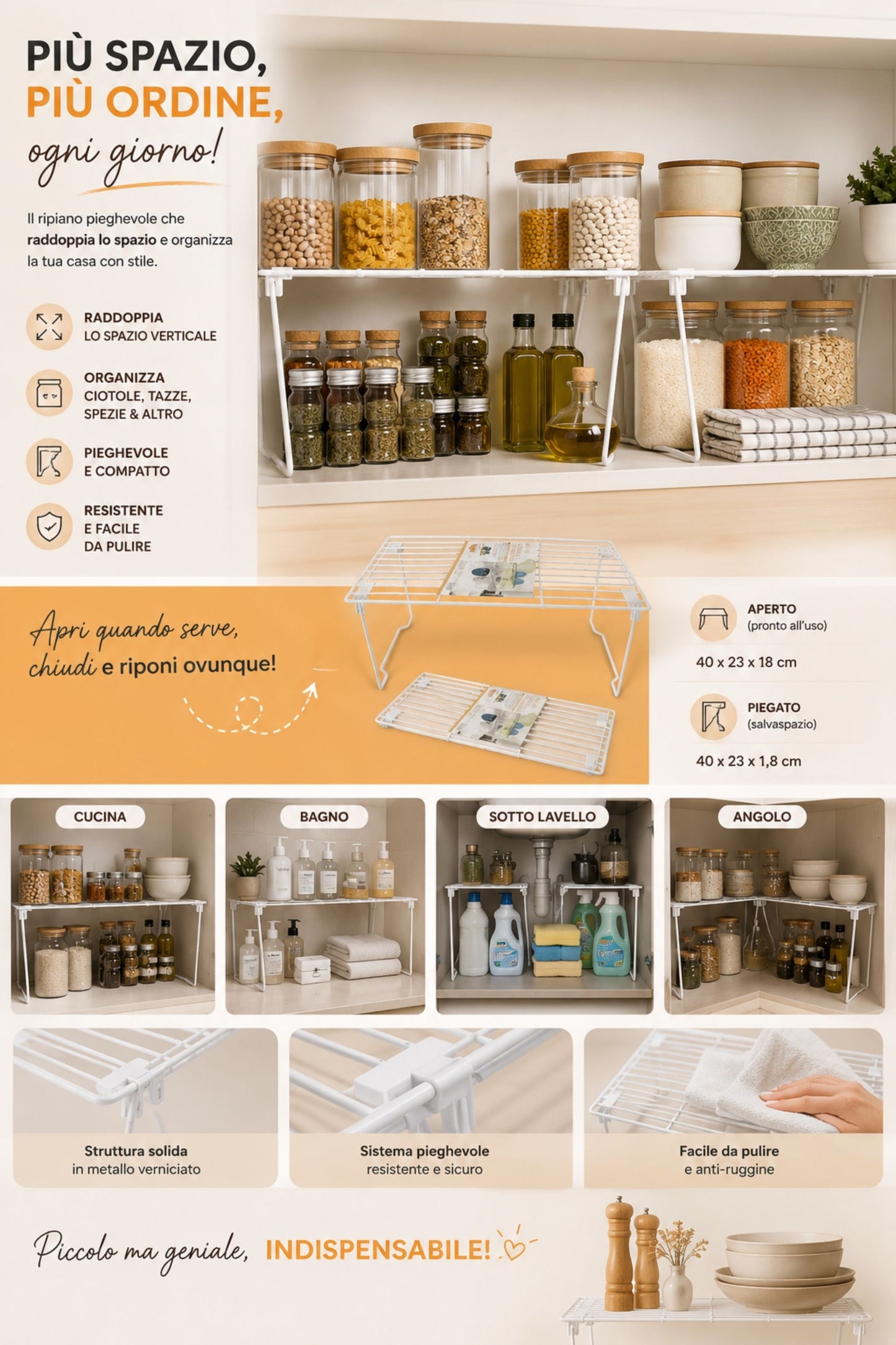 Ripiano Salvaspazio in Metallo per Cucina e Dispensa, Bianco - 40x23x18 cm