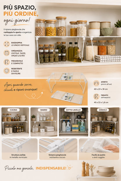 Ripiano Salvaspazio in Metallo per Cucina e Dispensa, Bianco - 40x23x18 cm