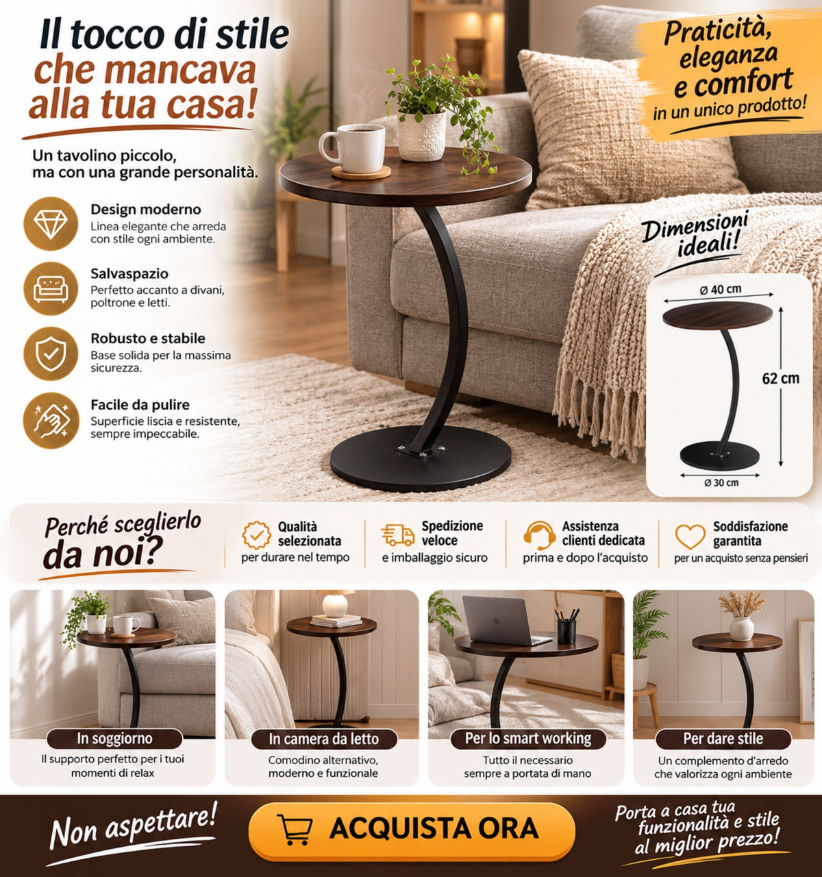 Tavolino Side Table Rotondo Design Curvo - Tavolo d'Appoggio Moderno per Divano, Ø40x62 cm