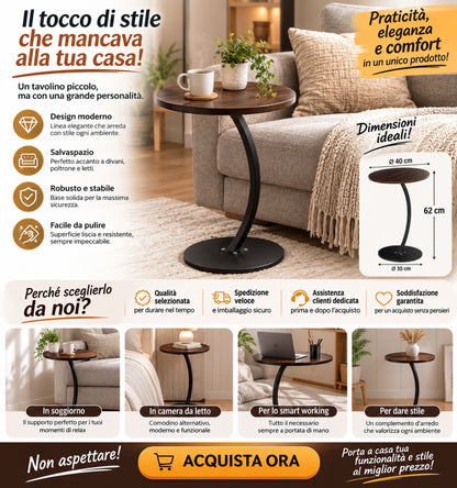 Tavolino Side Table Rotondo Design Curvo - Tavolo d'Appoggio Moderno per Divano, Ø40x62 cm