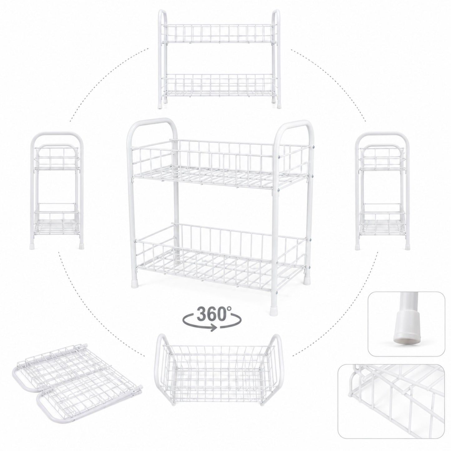 Organizer a 2 Ripiani in Metallo per Cucina e Bagno, Bianco - 32x20x36 cm