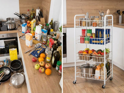 Carrello Salvaspazio a 4 Ripiani con Ruote per Cucina e Bagno, Bianco - 37.5x31.5x76 cm