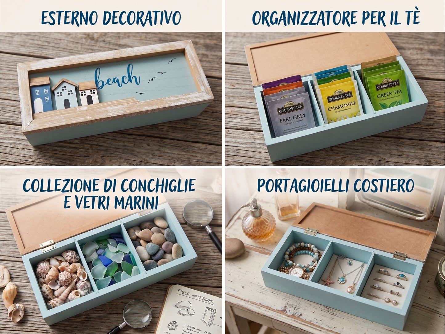 Scatola Porta Tè in Legno Stile Mare con 3 Scomparti - 3 Modelli Assortiti